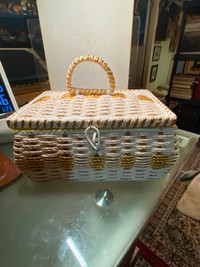 Vintage Wicker Sewing Basket Box Floral Lining