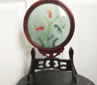 Vintage chinese embroidery  panel of fishes in a curved glass.