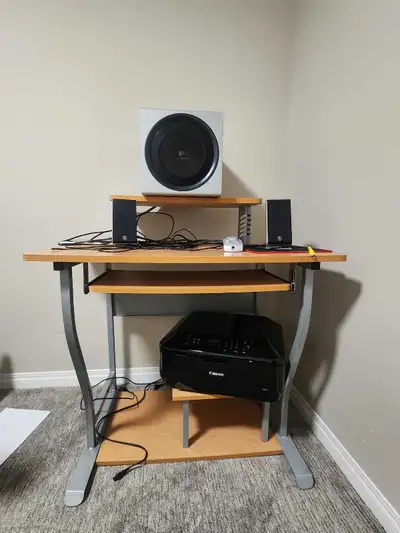 Compact computer desk with chair, working canon printer and Logitech speakers with subwofer. All for...