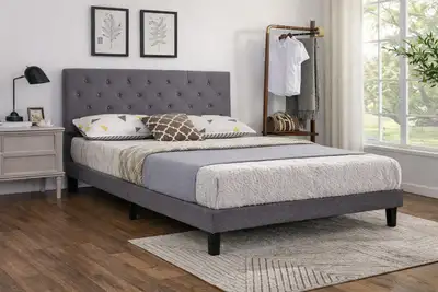 Brand new fabric bed frame on clearance, limited quantity queen for only $159 We have a physical war...
