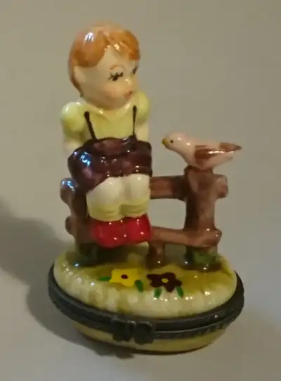 Vintage Porcelain Trinket Box with Hinged Lid Girl Sitting on the Fence with a Bird - 3 1/2 inches t...