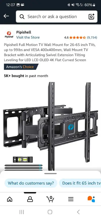 Full motion TV wall mount for 26-65 in TVs. Weight limit is 99lbs. Good working wall mount, I just d...