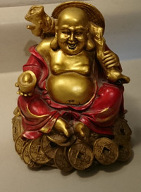 Vintage Fengshui Laughing Buddha Sitting on Lucky Money Coins