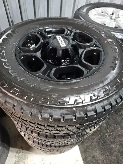 LT 275 70 R18 Firestone All Season Tires GLOSS black F250 Wheels Lug nuts and tpms sensors included...