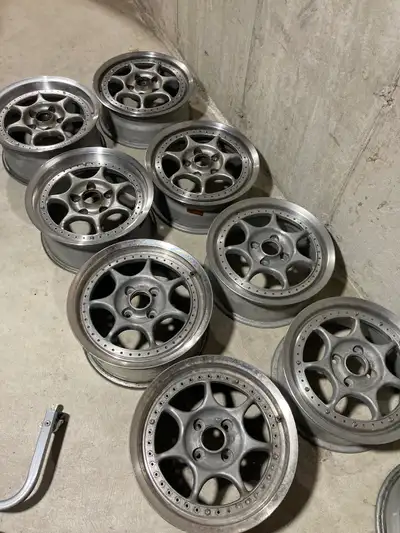 Enkei type s, 4x100 and 5x114.3 faces, et38, two piece rims. One set of barrels refinished 15x7’s an...