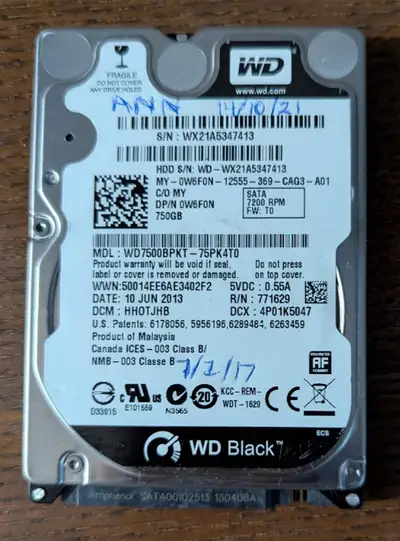 Three drives - Western Digital Black 750 GB 7200rpm SATA each $20 One drive - Western Digital Blue 1...