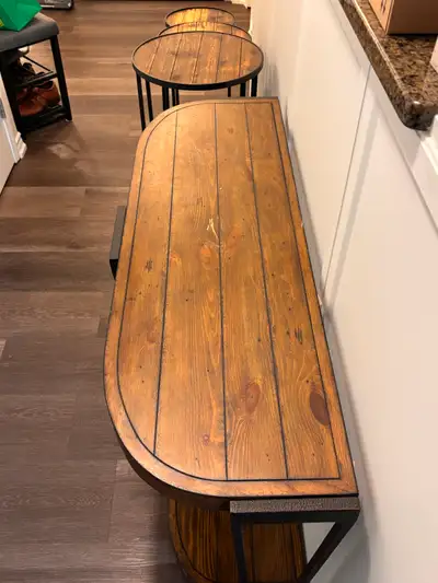 Wood and metal sofa table & 3 round stacking stands, View more