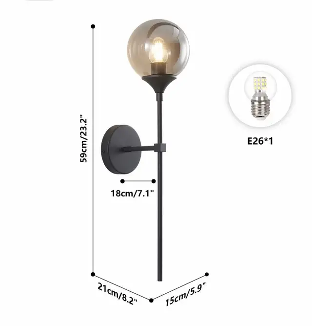 KCO Modern Light Smoke Grey Glass Globe Wall Sconce Black Matt in Indoor Lighting & Fans in City of Toronto - Image 3