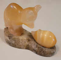 Vintage Gypsum Selenite Stone Carving Fox & Hedgehog on Marble