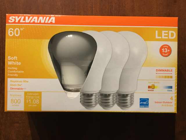 Sylvania A19, 60W Equivalent LED Light Bulb, Soft White 2700K in Indoor Lighting & Fans in Mississauga / Peel Region