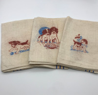 Set of 3 Vintage Linen Tea Towels with Puppy Dogs