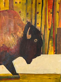 “Bison Walk” painting by Linus Woods acrylic on canvas 14″x 18″