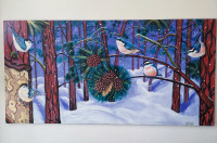 Nuthatches in the Ponderosa Pines, XL mixed media painting, wood