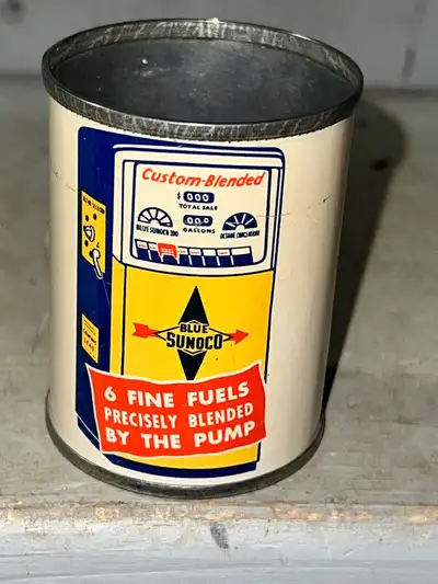 VINTAGE BLUE SUNOCO COIN BANK CAN STUNNING GRAPHICS & CONDITION, View more