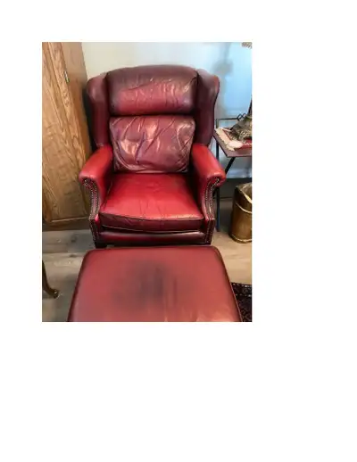 Red Leather Wing Back Chair with Ottoman - Set, View more