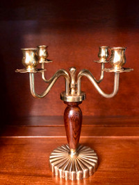 Vintage Denmark solid brass wood stem 4 arm candlestick holder