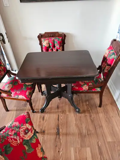 1830's games table with four professionally reupholstered chairs, View more