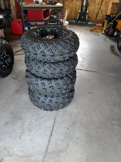Itp hole shot atr tires & itp ss black alum rims. Very low kms , only used in snow. At 205 80 r12 fr...