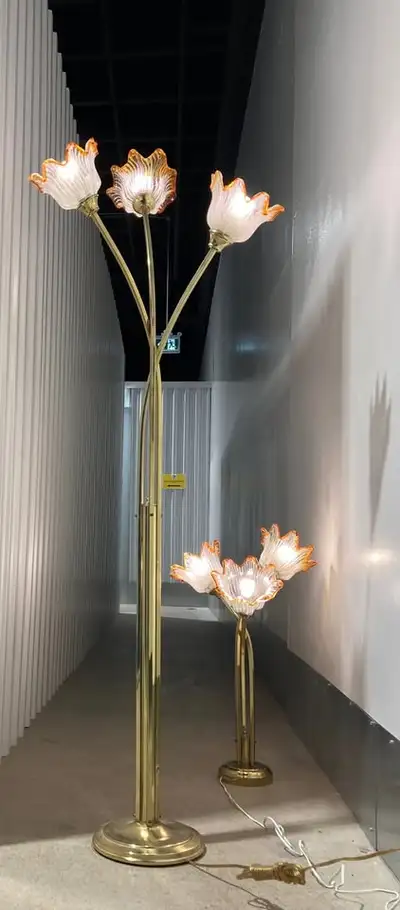 A set of Mid Century Lamps With Thick Murano Scallop Tulip Glass, View more