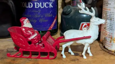 VINTAGE CHRISTMAS RELIABLE TOYS CELLULOID SANTA REINDEER SLEIGH, View more