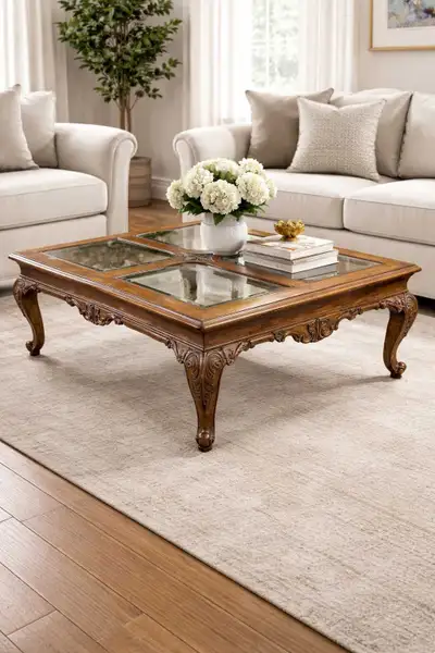 Elegant Glass-Top Coffee Table – Solid Wood, View more