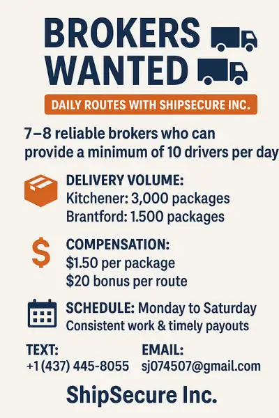 Brokers Wanted – Daily Routes with ShipSecure Inc. ShipSecure Inc. is looking to partner with 7–8 re...