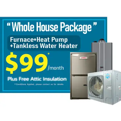 WHOLE HOUSE HVAC PACKAGE $99 /MO !! FURNACE+HEATPUMP+TANKLESS Pr, View more