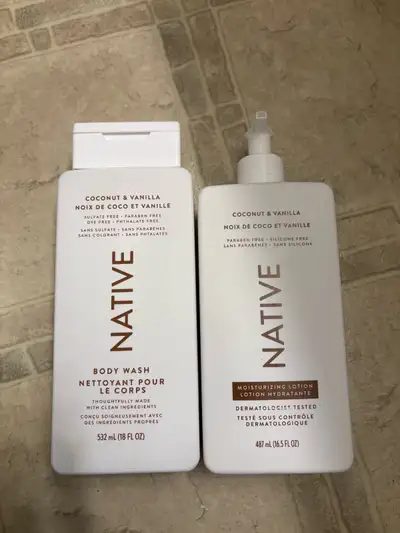 Native coconut and vanilla body wash and lotion, View more