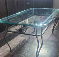 Wrought iron coffee table and 2 end tables with glass top,
