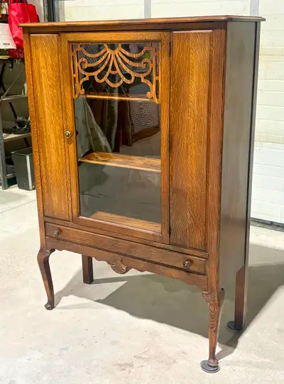 Vintage Oak China Cabinet With Decorative Fretwork (c.1920s), View more