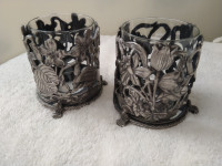 Pewter like candle holder X2, Spring flowers