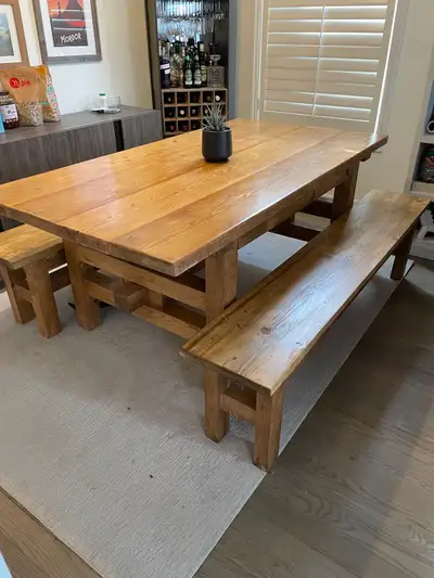 Harvest or farmhouse table with a matching bench , View more