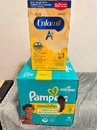 Enfamil A+ and box of Pamper diapers size 3