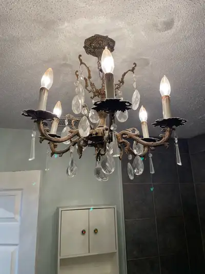 Vintage 1950s Crystal & Brass Chandelier — Real Crystal, View more