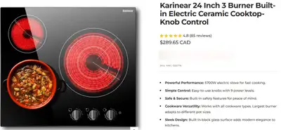 Electric Cooktop 3 Burners, Karinear 24'' NEW - Ceramic Cooktop, View more