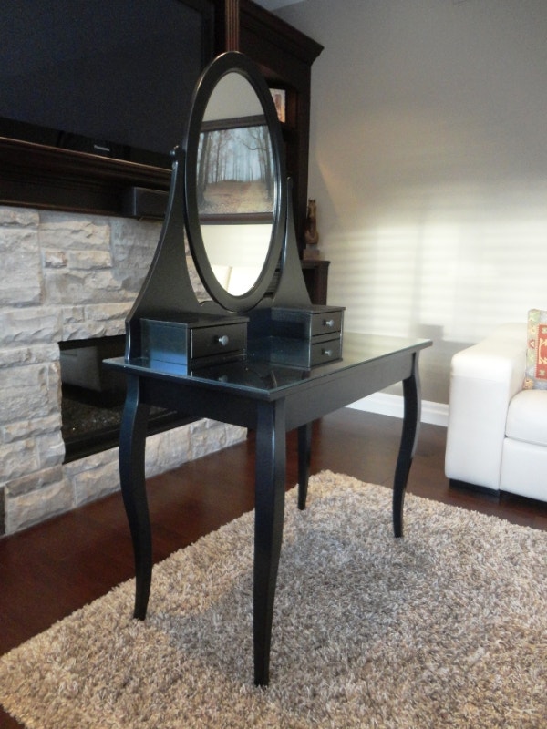 Like New Ikea Hemnes Black Wood Dressing Table, Mirror & Stool Other
