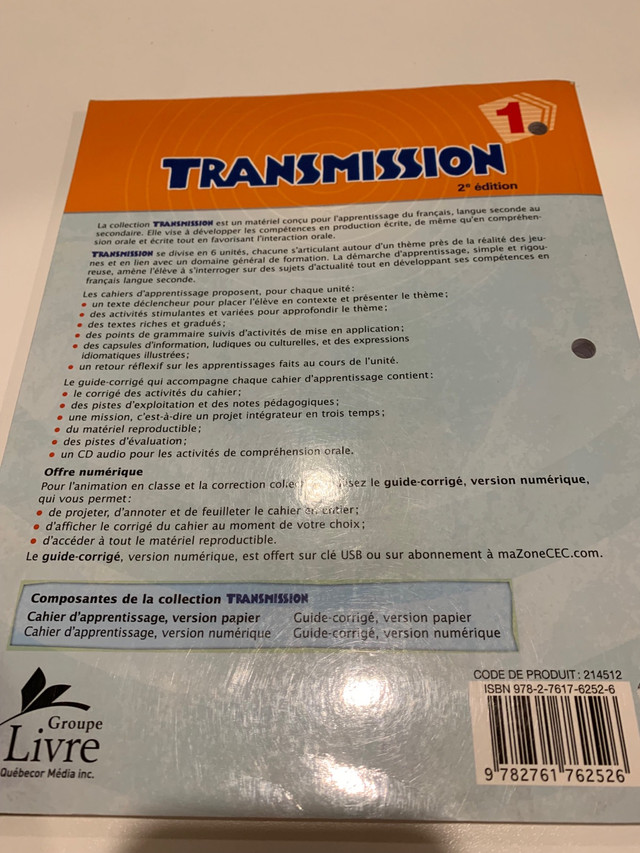 Transmission 1, cahier d’apprentissage  dans Manuels  à Longueuil/Rive Sud - Image 2