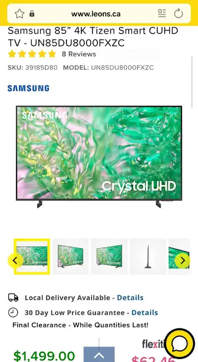 Samsung 85” 4K Tizen Smart CUHD TV - UN85DU8000FXZC, View more