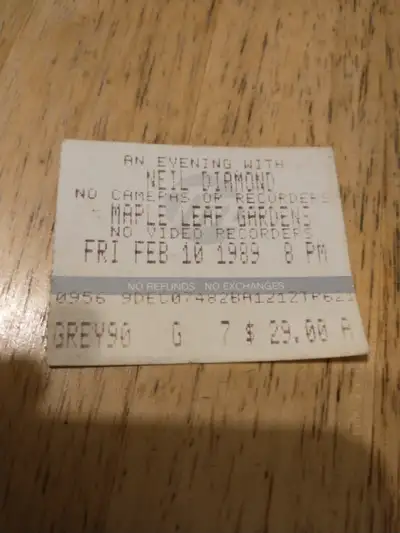 Neil Diamond concert ticket stub from Maple Leaf Gardens, Toronto, 10 Feb 1989. In box #17. Slava Uk...