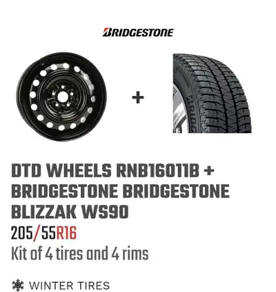 Brand new Bridgestone ws90 winter tires installed on rims. Size 205/55r16 Packed never used. Availab...