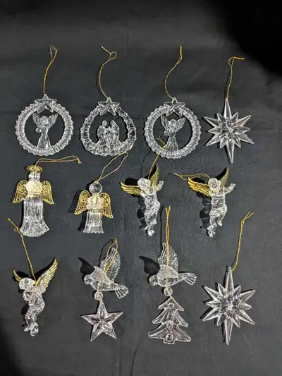 VTG 12 Acrylic Clear Gold Trim Tree Ornaments Angels Stars Birds, View more