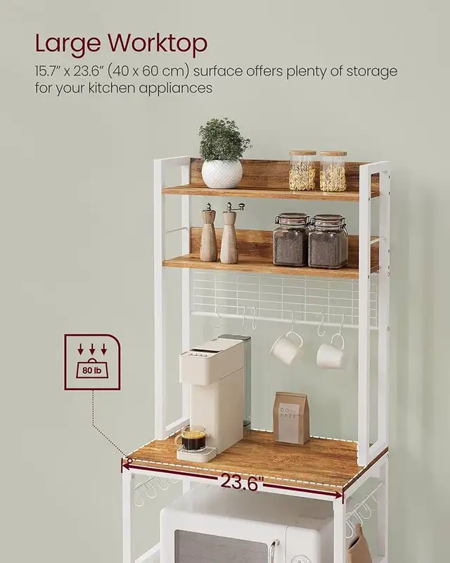 Hutch Bakers Rack with Power Outlet, 14 Hooks Microwave Stand, A in Hutches & Display Cabinets in Markham / York Region - Image 8