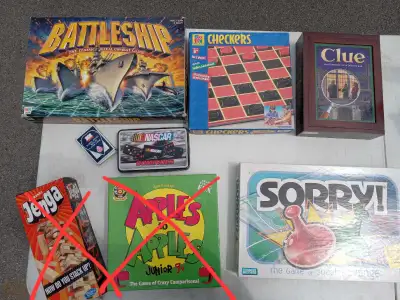 Well-loved board games for sale. No missing or broken pieces. Checkers - $5 Battleship, Sorry - $10...