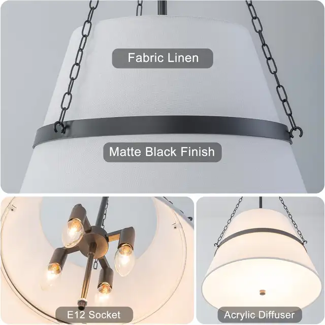 Modern 4-Light Farmhouse Chandelier - White Linen Fabric Pendant in Indoor Lighting & Fans in City of Toronto - Image 11