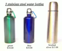 3 Water bottles, stainless steel, food safe, twist cap seal, no