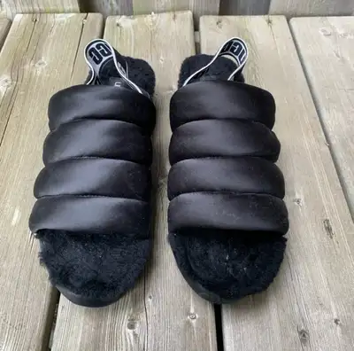 Ugg Black Nylon Slides With Fluffy Soles Size 10, View more