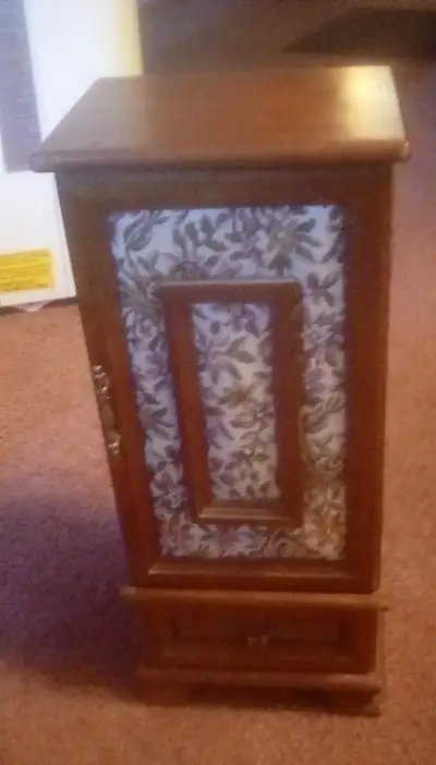 Jewellery box - good condition 14.5 " x 5.50 ". Wooden, fabric inlay on door Place to hang necklaces...