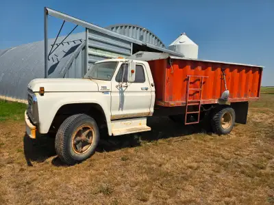 1978 Ford F600 3 ton truck with hydraulic grain box and roll tarp. Four speed transmission, runs wel...