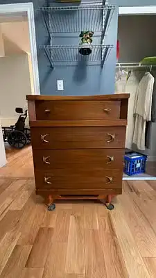 Mid-Century Modern 4 Drawer Walnut Veneer Dresser with Casters, View more