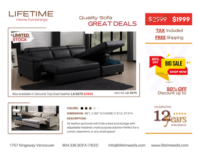 Air leather sectional sofa & chaise with hide-a-bed and storage, View more